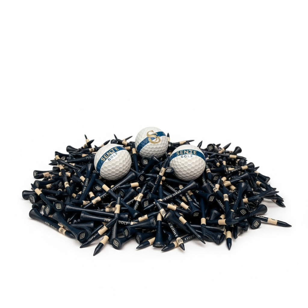 Golf balls and tees on a white background