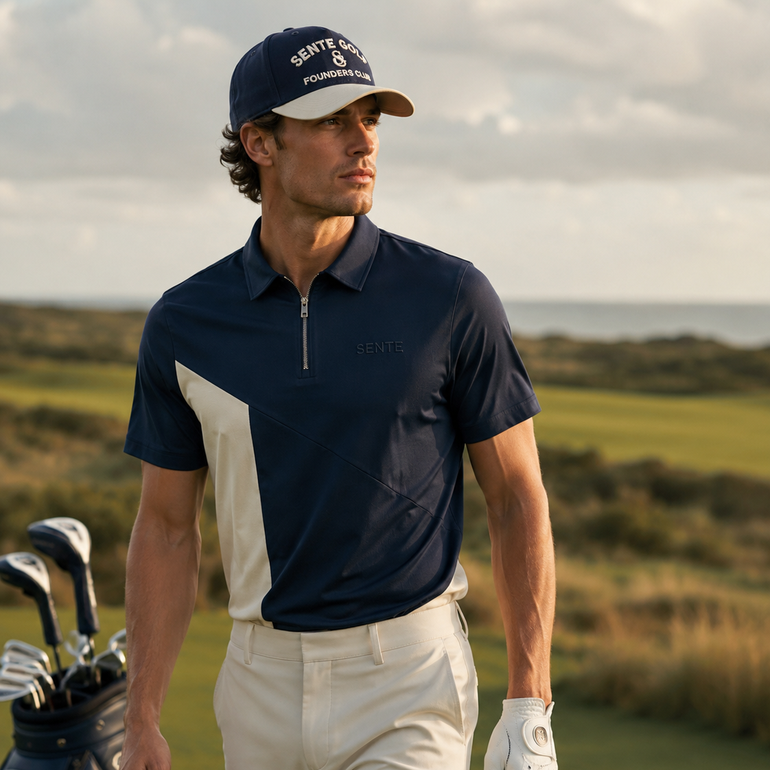 Man in golf attire with a golf club bag on a golf course
