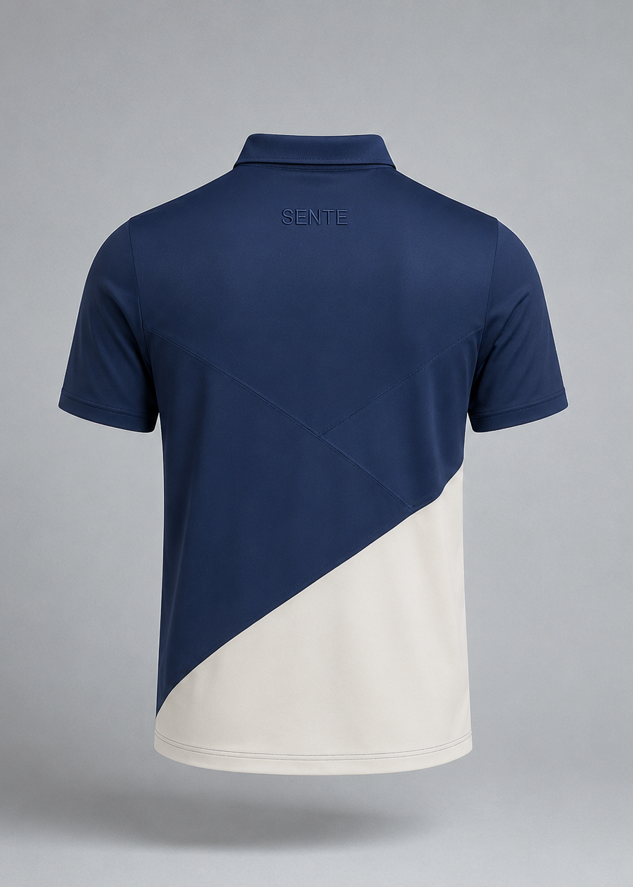 Navy and white polo shirt with 'SENTE' branding on a gray background