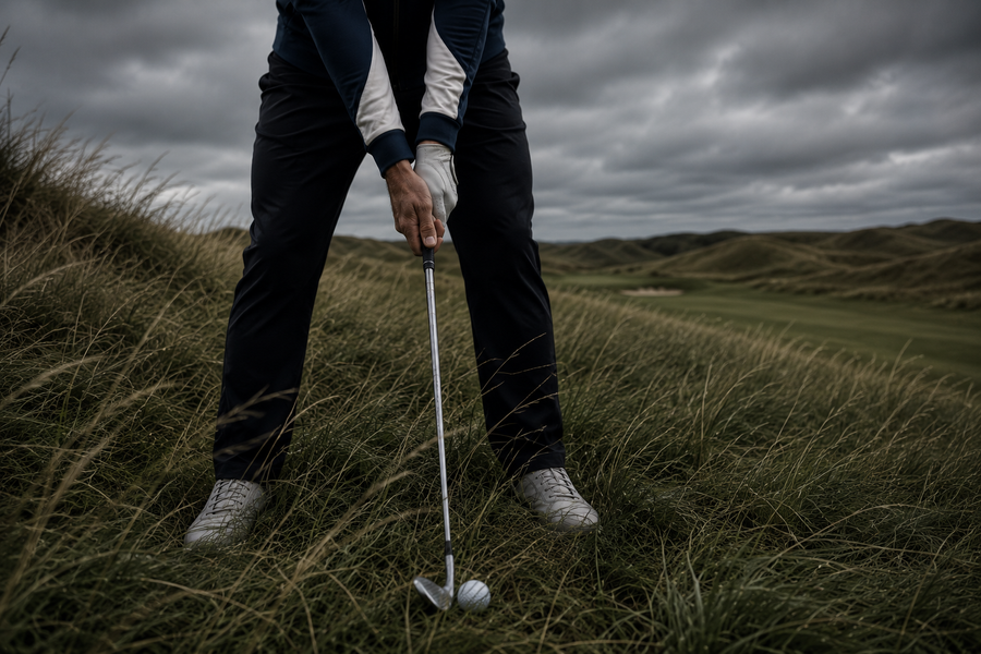 Golfer holding golf iron, stood in rough over golf ball