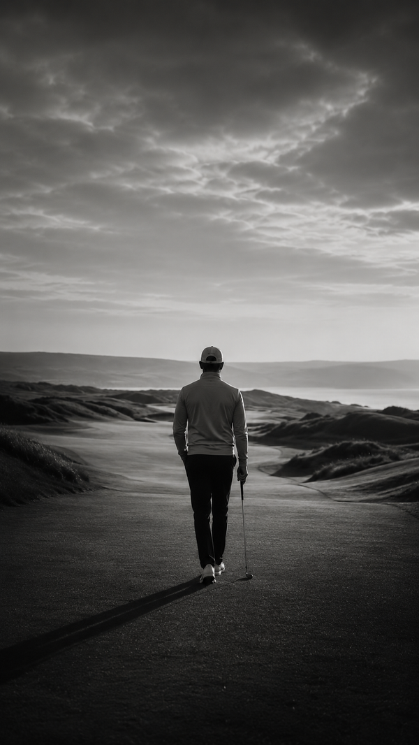 Golf player on a golf course with a dramatic sky