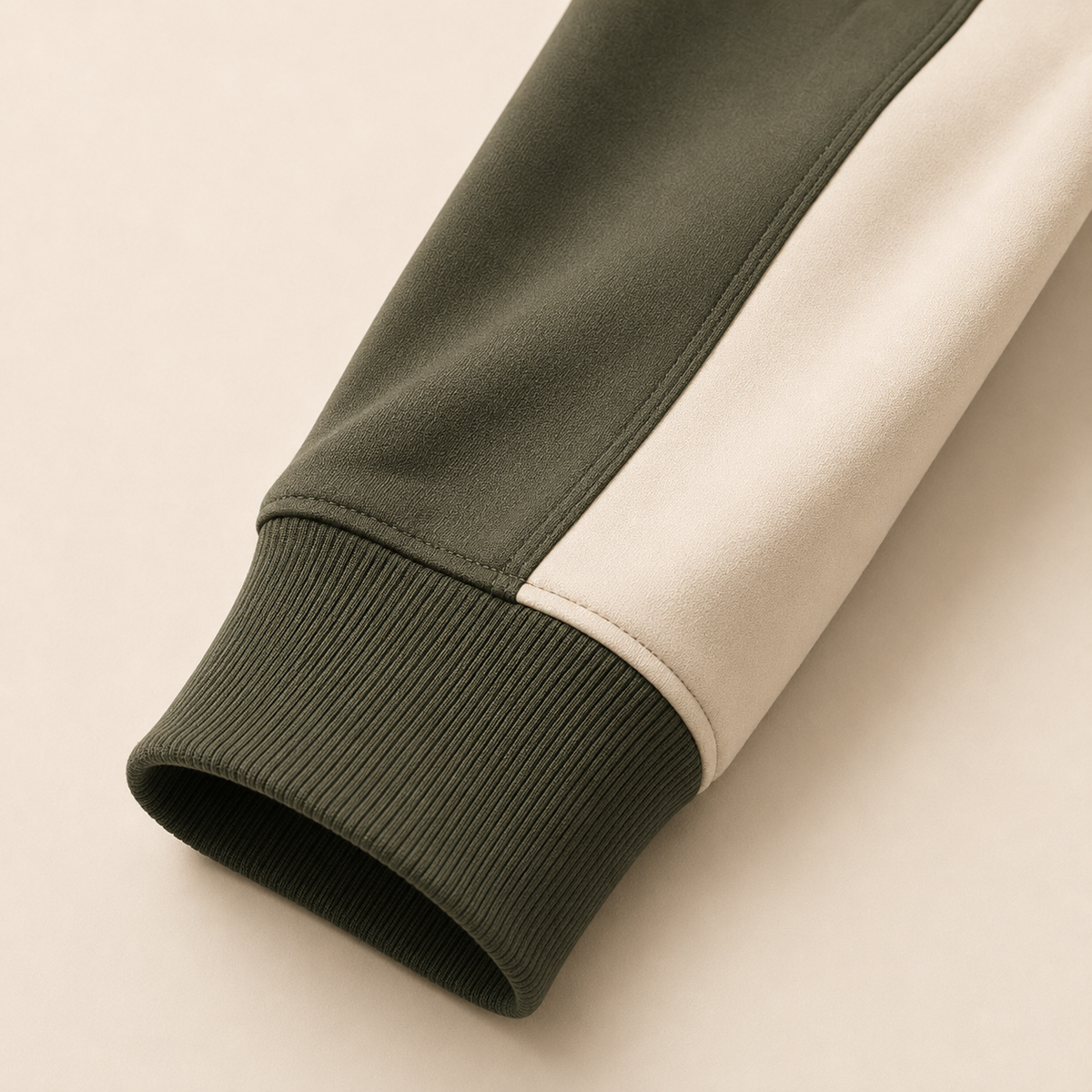 Close-up of a sleeve cuff showing a color-blocked design with an olive green ribbed cuff, an olive green upper section, and a contrasting off-white lower section, set against a solid beige background.