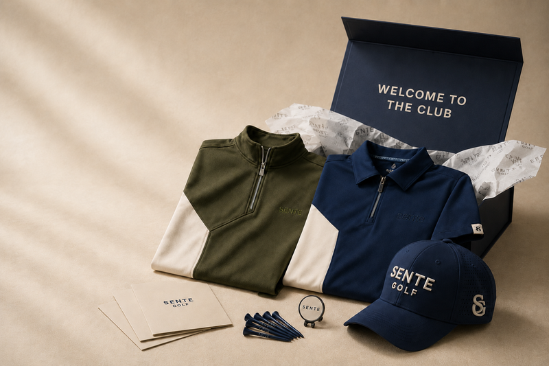 SENTE First-Tee Ready Kit unboxing — quarter-zip, polo, cap, tees, and gift box