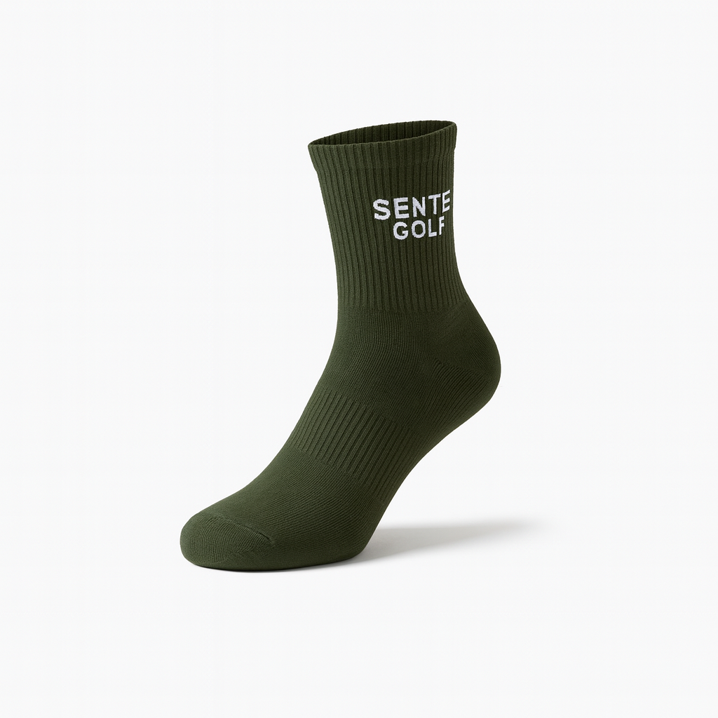 Green sock with 'Senter Golf' text on a white background
