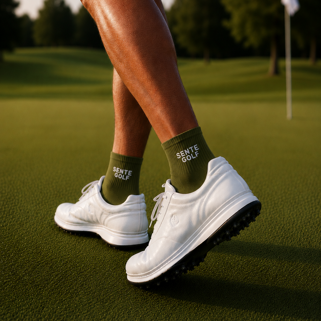 Person wearing green socks with 'Sente Golf' branding on a golf course.