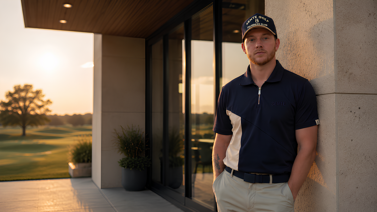 A man wearing a navy and white color-blocked polo shirt and a baseball cap stands leaning against a stone wall on a patio overlooking a golf course at sunset.