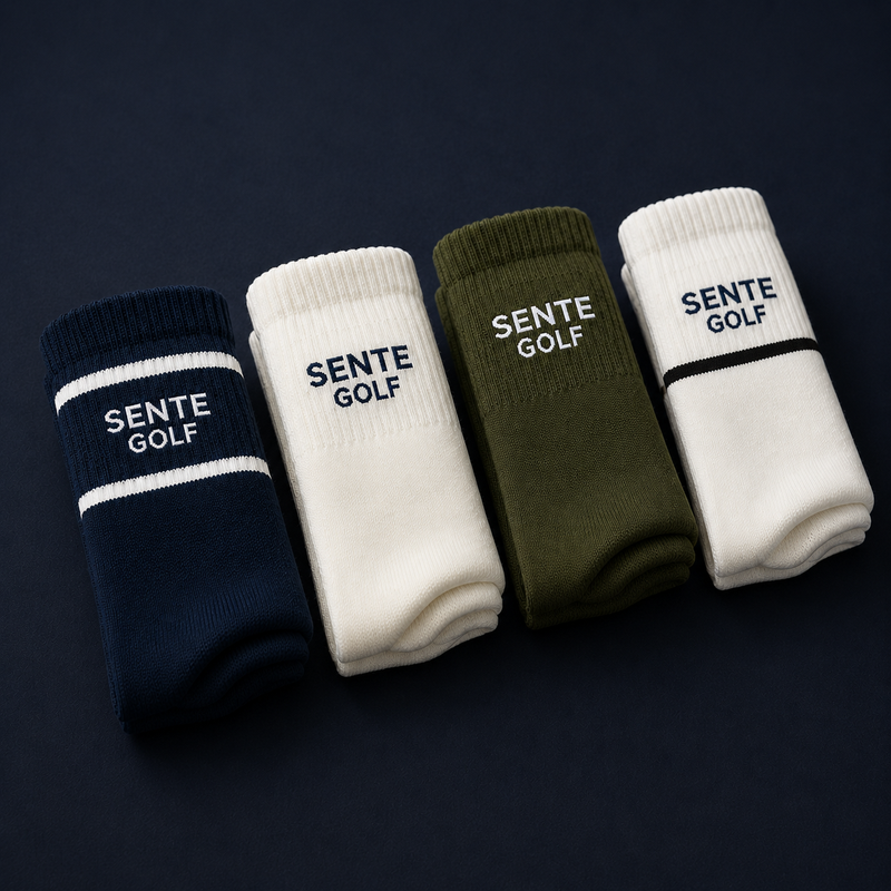 Four pairs of socks with 'Sente Golf' branding on a dark background