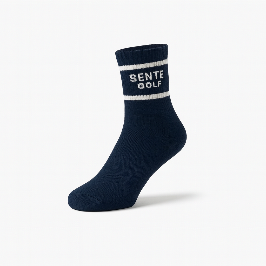 Navy sock with white stripe featuring 'Sente Golf' on a white background