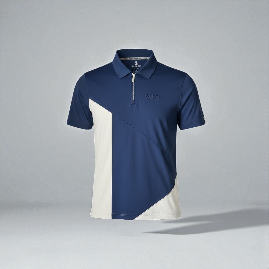 Navy and cream polo shirt with brand logo on a gray background