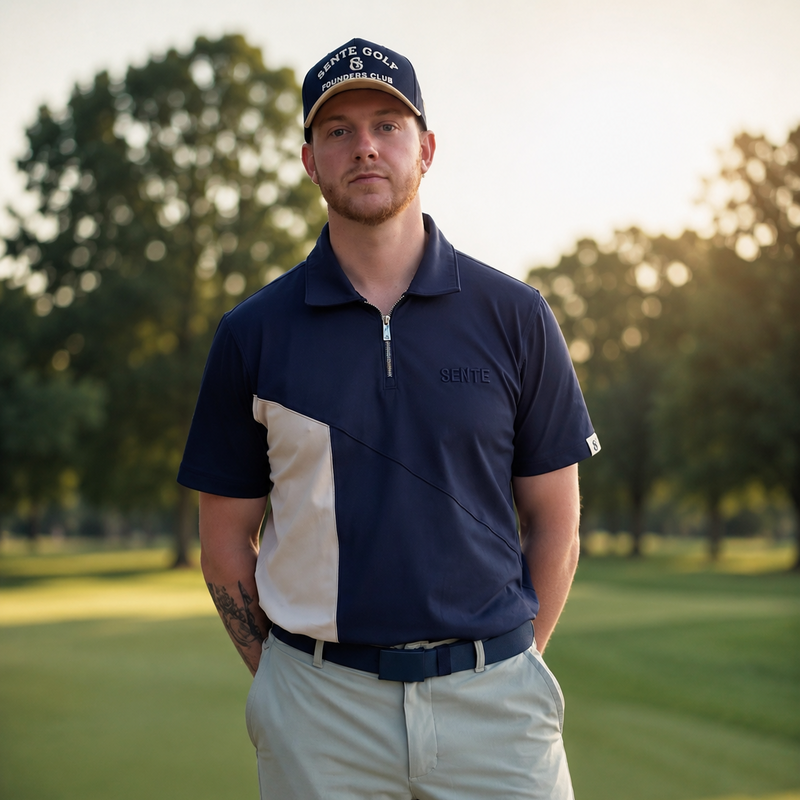 A man wearing a navy blue and white color-blocked polo shirt with a half-zip collar, paired with light gray trousers and a navy cap, standing on a golf course.