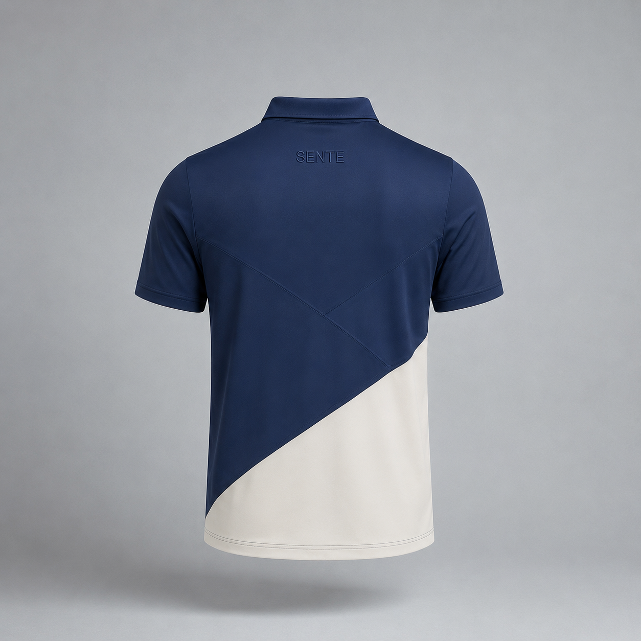 Navy and white polo shirt with 'SENTE' branding on a gray background
