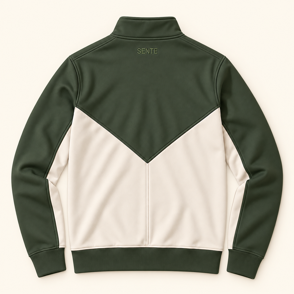 A colorblock quarter-zip sweatshirt shown from the back, featuring a dark forest green upper section and sleeves with an off-white V-shaped panel on the lower back and sides. The brand name 'SENTE' is printed in light green near the top center.