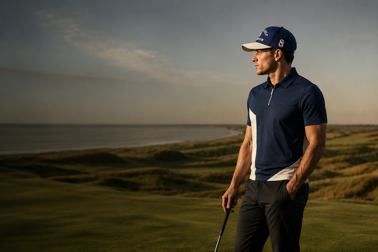 Man in golf attire standing on a golf course with a scenic background