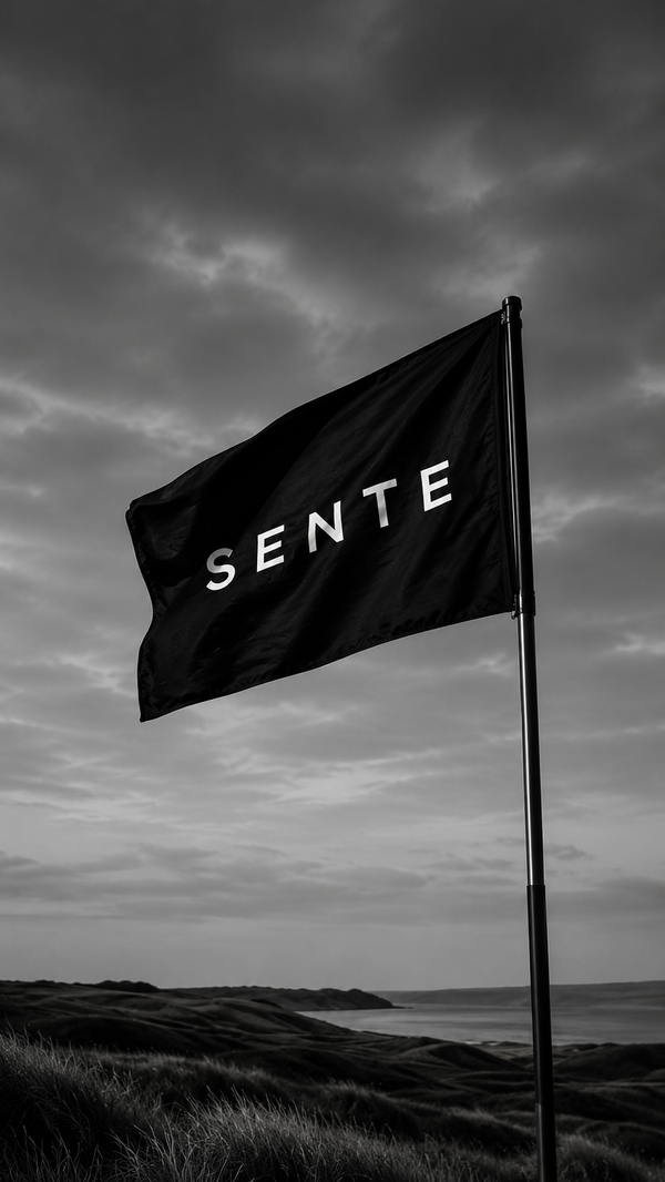 Black flag with 'SENTE' text against a cloudy sky over a coastal landscape