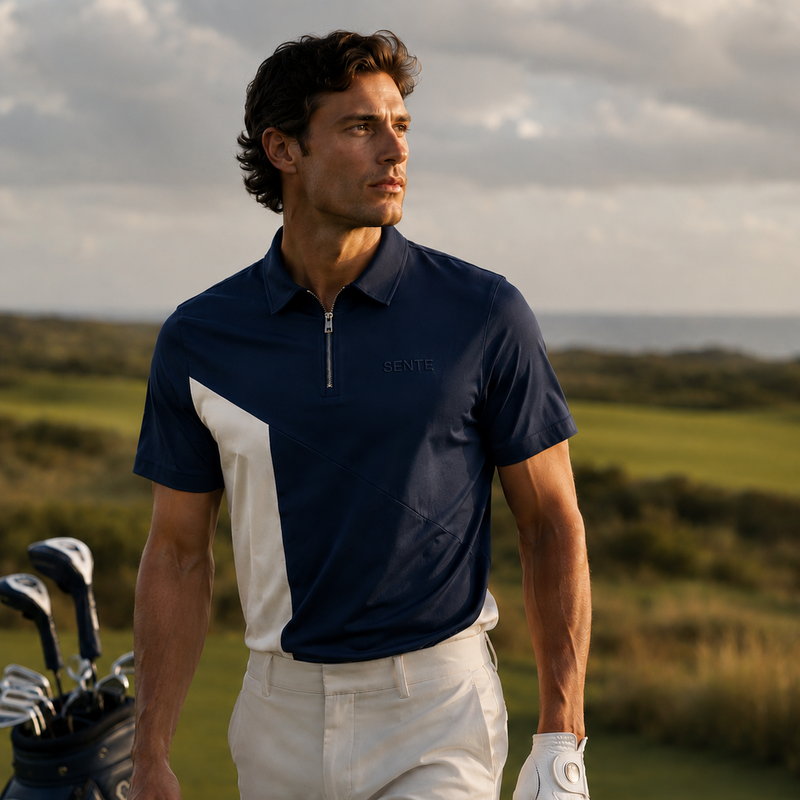 Man in golf attire walking on a golf course with a cloudy sky.