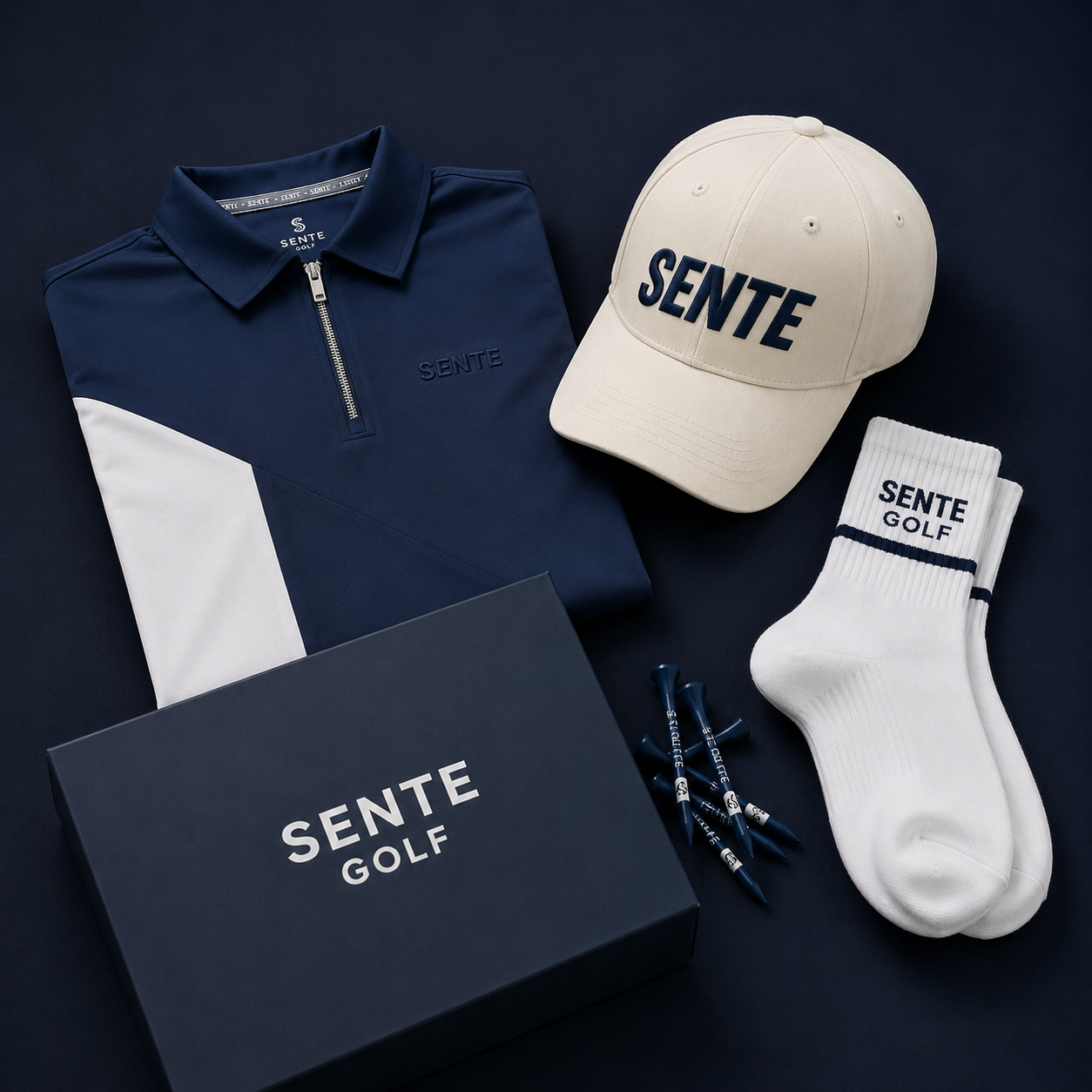 Golf-themed clothing and accessories with 'SENTE' branding on a dark background