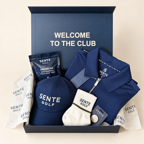 SENTE First-Tee Ready Kit with Signature Polo, cap, ball marker, tees and Core golf socks in a presentation box