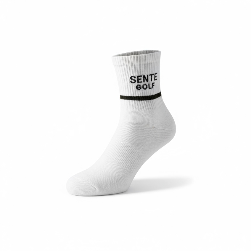 White sock with black text on a white background