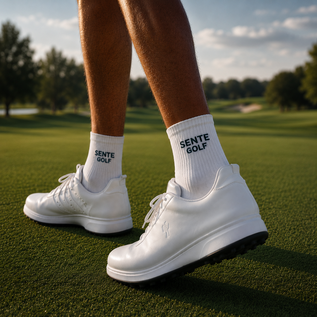 White golf shoes and socks with 'Sente Golf' branding on a golf course.